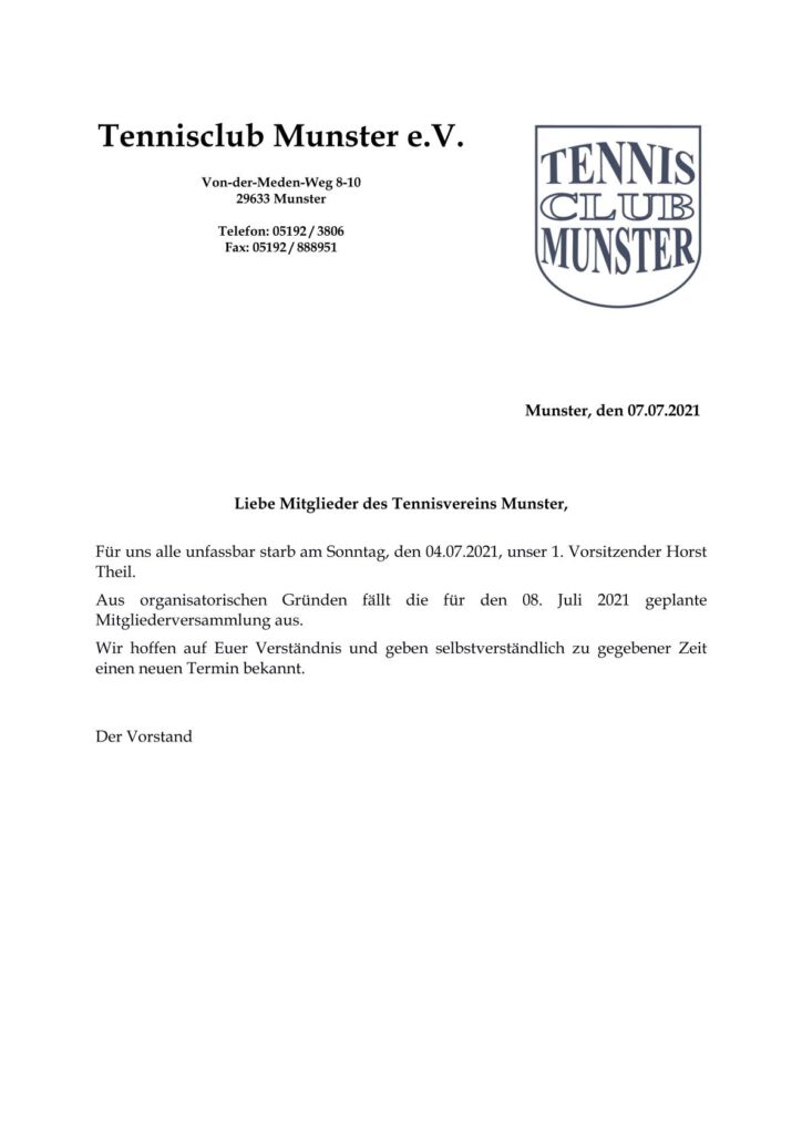 Ausfall Mitgliederversammlung 08.07.2021